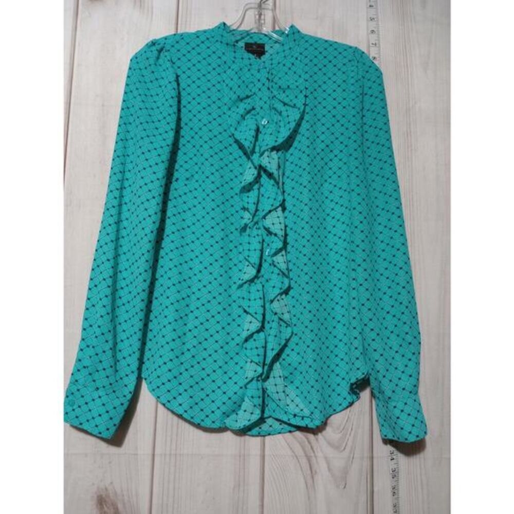 Worthington‎ Womens Teal Geometric Ruffle Front Chiffon Blouse Mock Neck Small